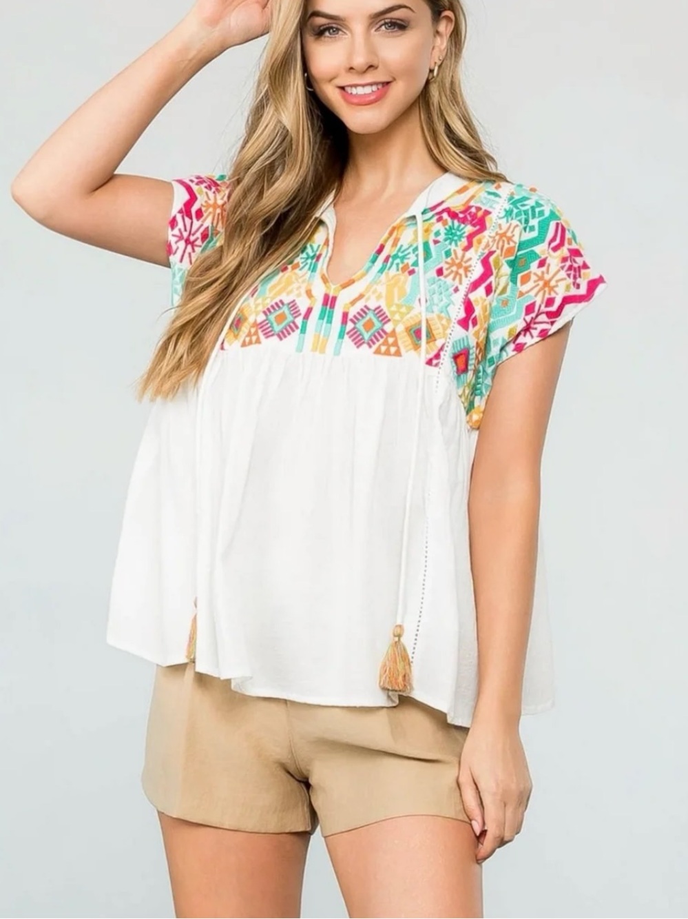 THML | Babydoll Cotton Tunic w/pastel Multicolor Embroidery Sz S